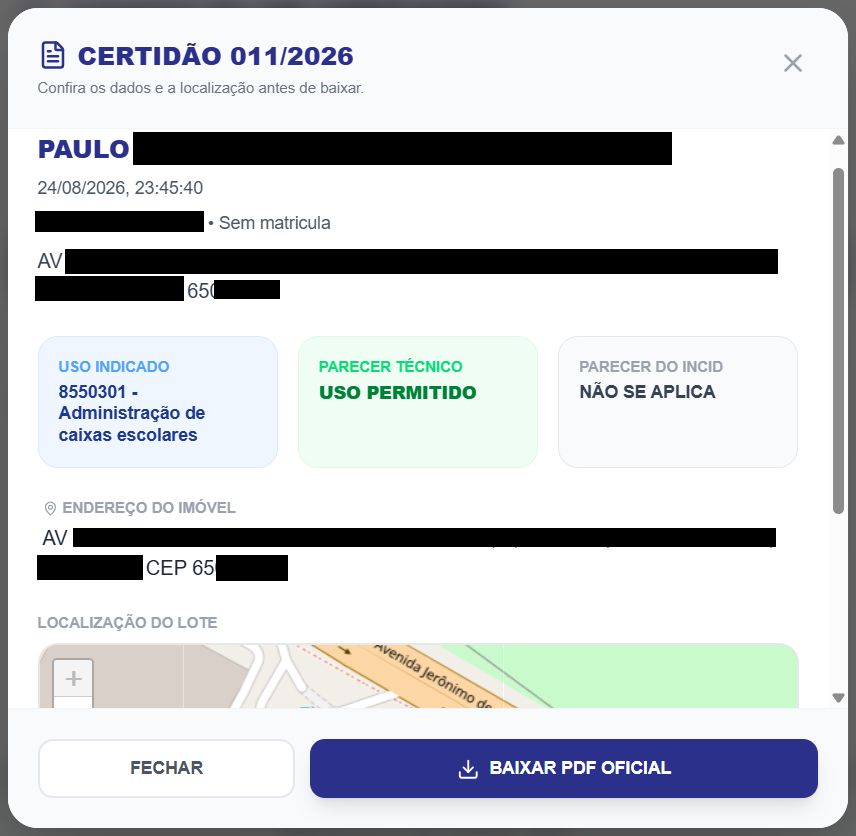 Detalhes da certidão — Plataforma de Gestão Urbana